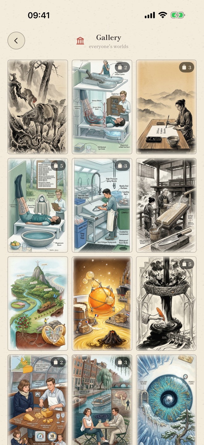 The Emaki gallery of published worlds: a cheese affineur at work, a fish butchery station, knife sharpening, a cutaway of Brazil